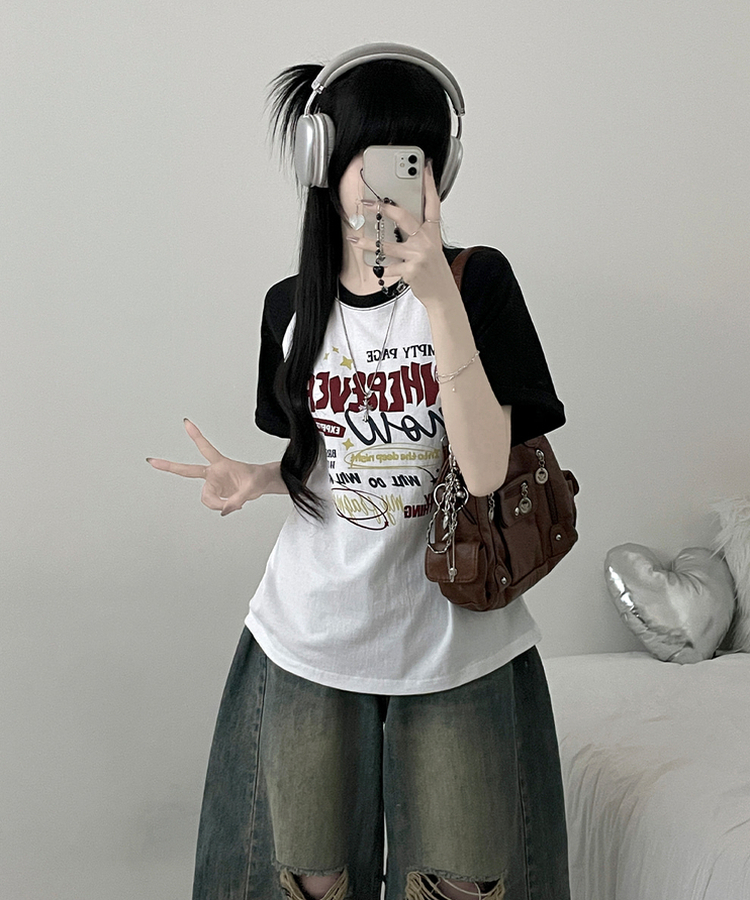 페이지배색나그랑프린팅박스핏반팔티셔츠 블랙