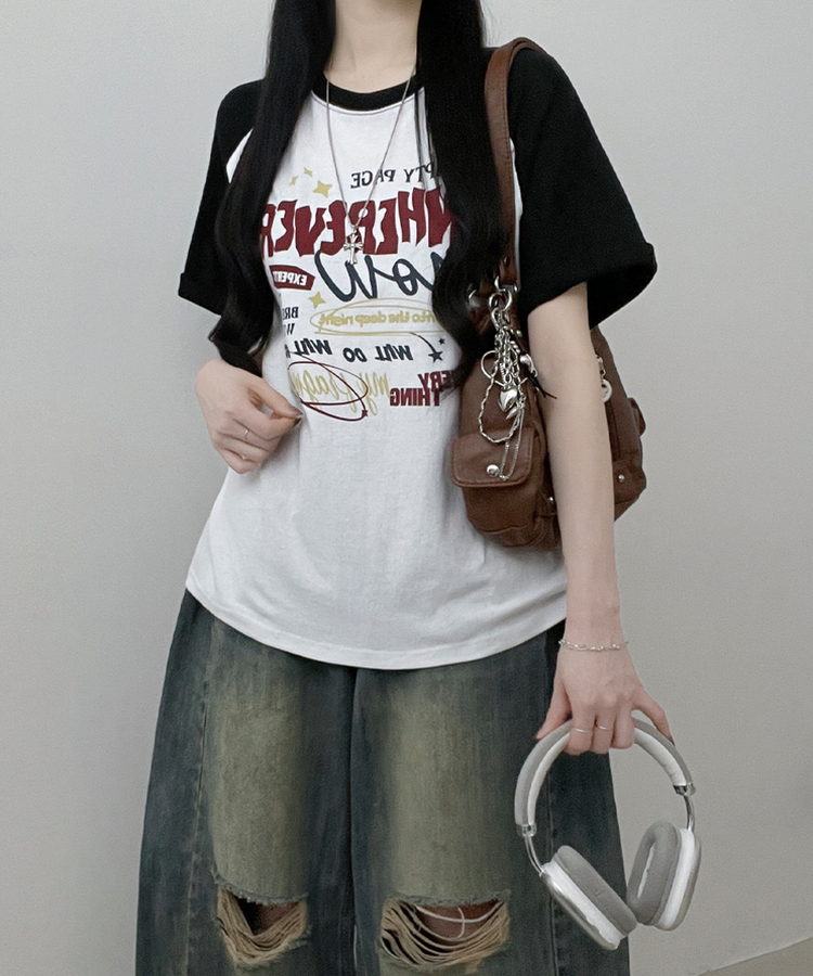 페이지배색나그랑프린팅박스핏반팔티셔츠 블랙