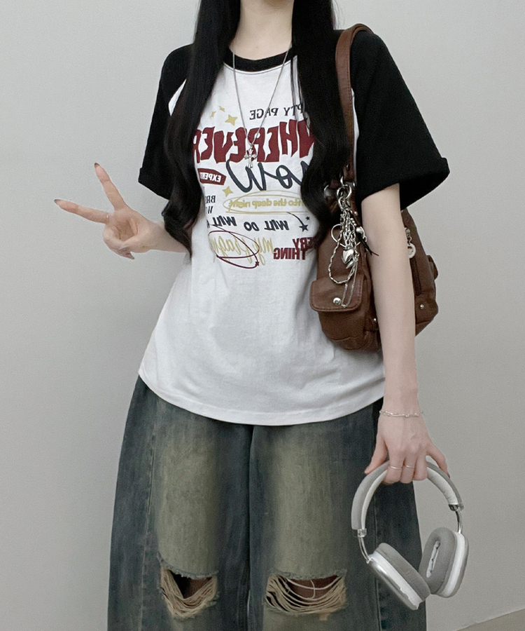 페이지배색나그랑프린팅박스핏반팔티셔츠 블랙