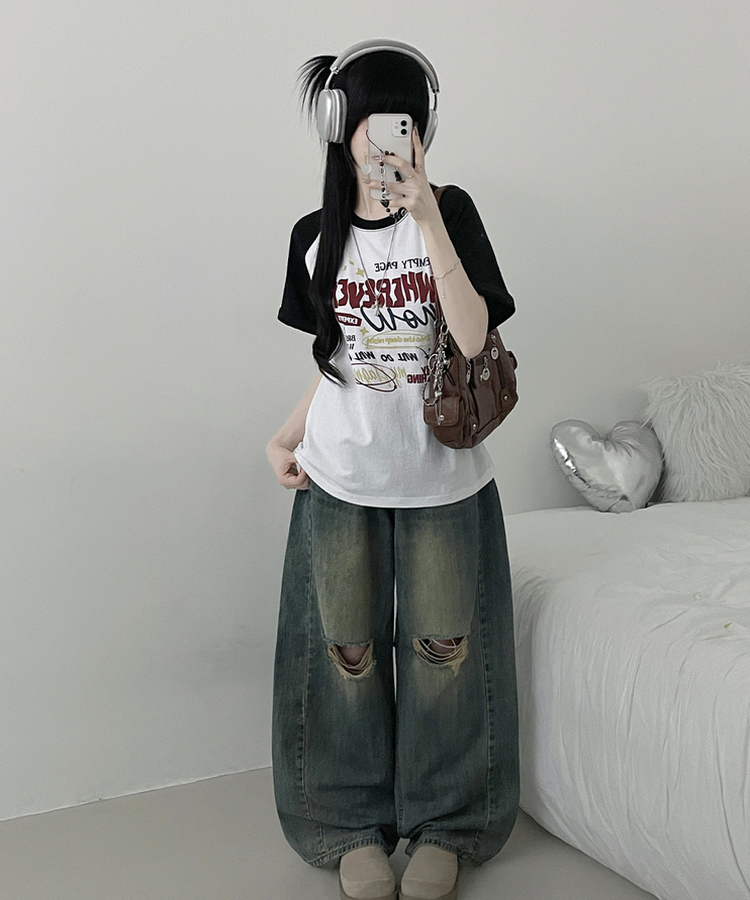 페이지배색나그랑프린팅박스핏반팔티셔츠 블랙