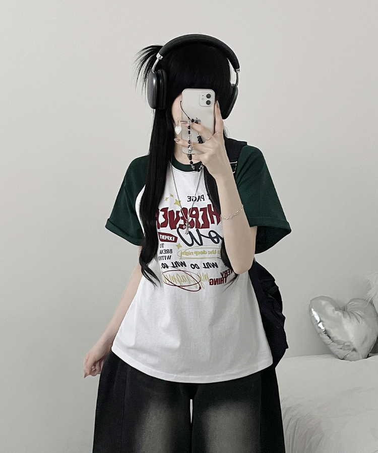 페이지배색나그랑프린팅박스핏반팔티셔츠 그린