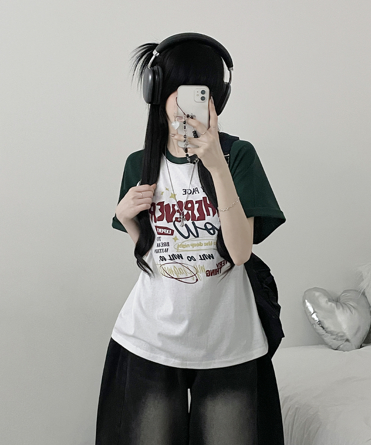 페이지배색나그랑프린팅박스핏반팔티셔츠 그린