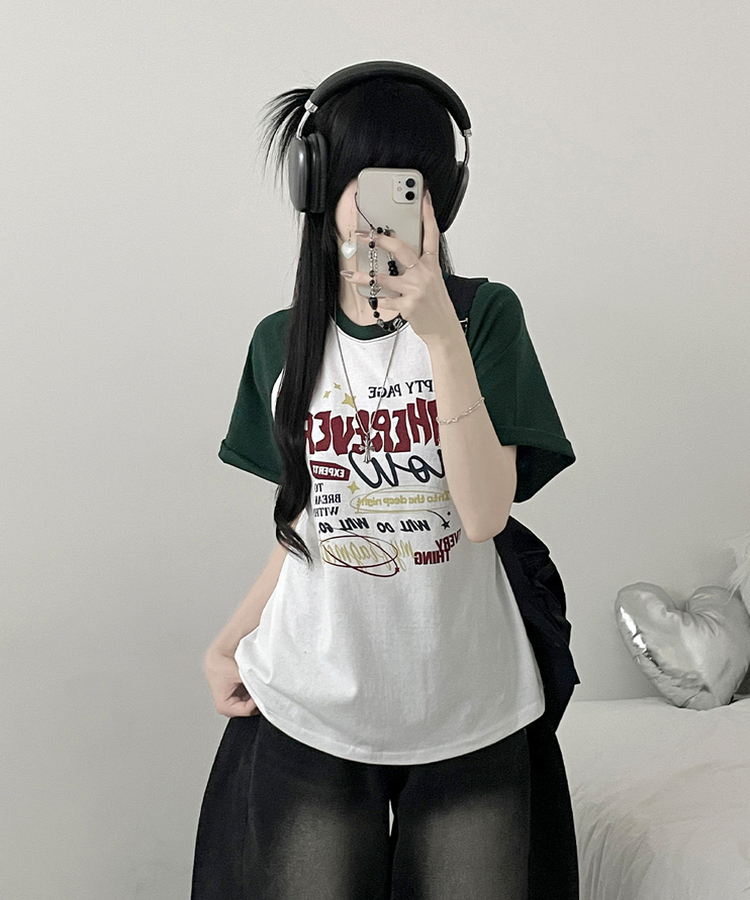 페이지배색나그랑프린팅박스핏반팔티셔츠 그린