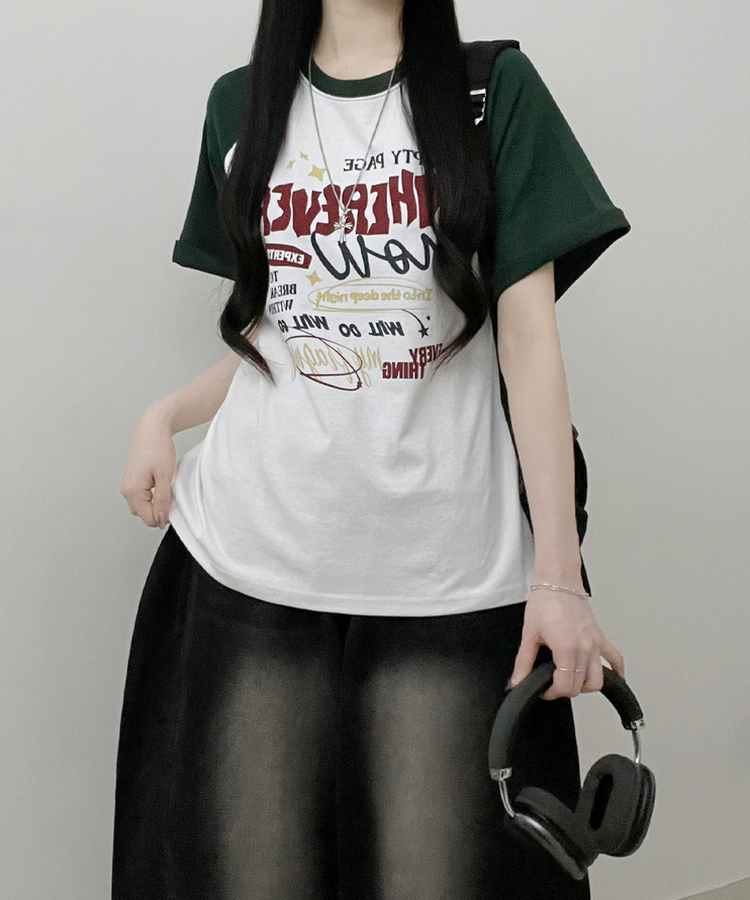 페이지배색나그랑프린팅박스핏반팔티셔츠 그린