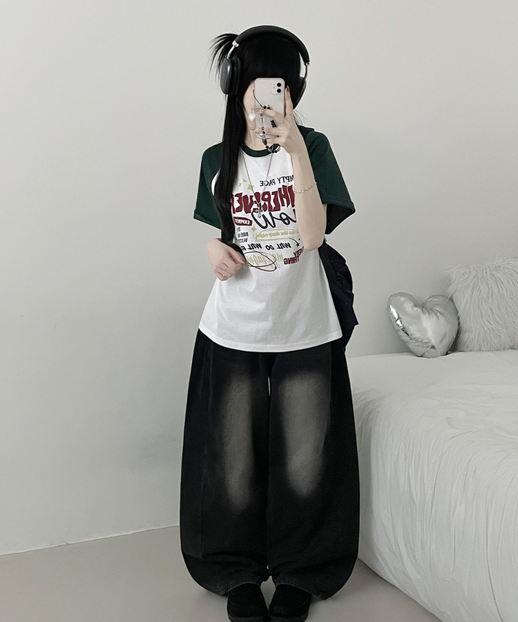 페이지배색나그랑프린팅박스핏반팔티셔츠 그린