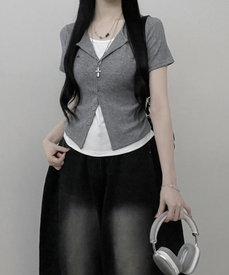 レイヤードシャーリング半袖Tシャツ(5color) GREY