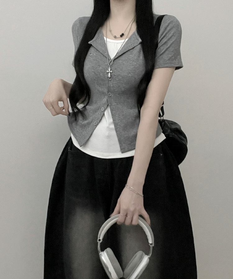 レイヤードシャーリング半袖Tシャツ(5color) GREY