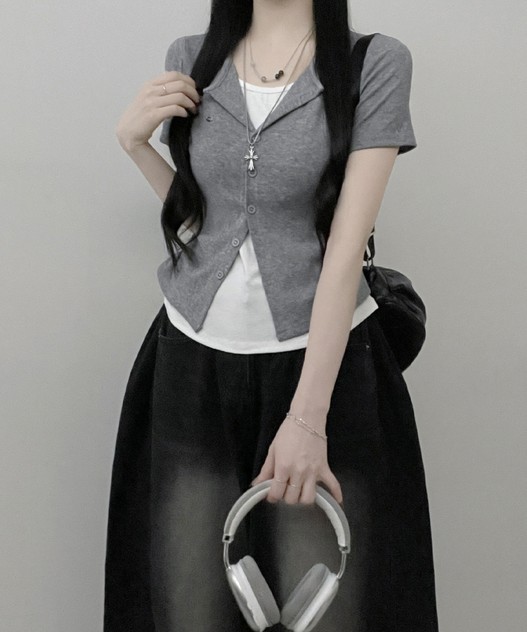 レイヤードシャーリング半袖Tシャツ(5color) GREY