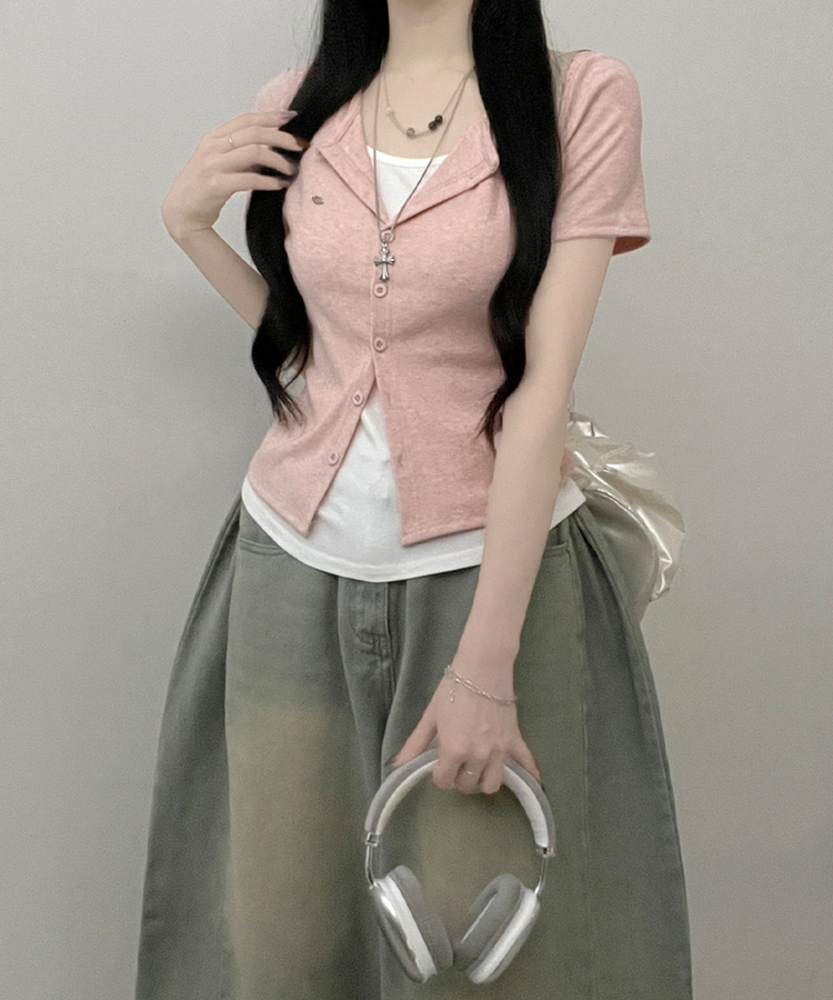 レイヤードシャーリング半袖Tシャツ(5color) PINK