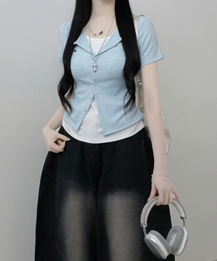 レイヤードシャーリング半袖Tシャツ(5color) SKY BLUE