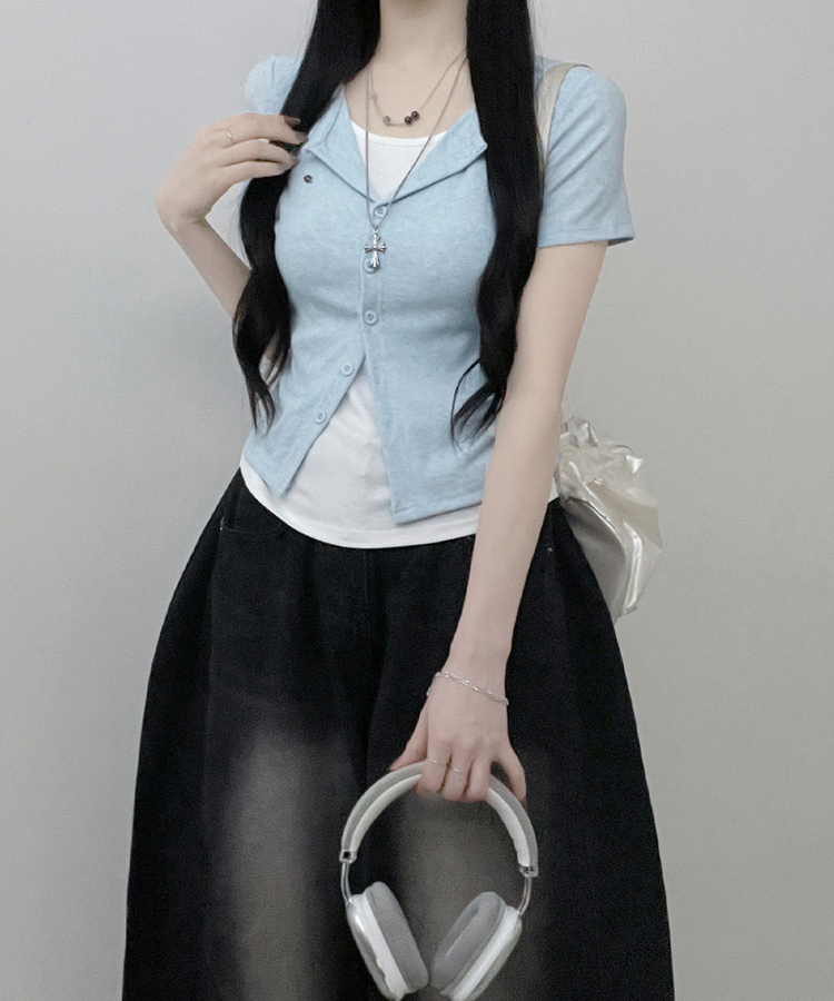 レイヤードシャーリング半袖Tシャツ(5color) SKY BLUE