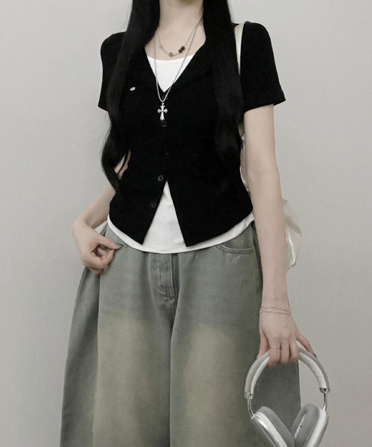 レイヤードシャーリング半袖Tシャツ(5color) BLACK