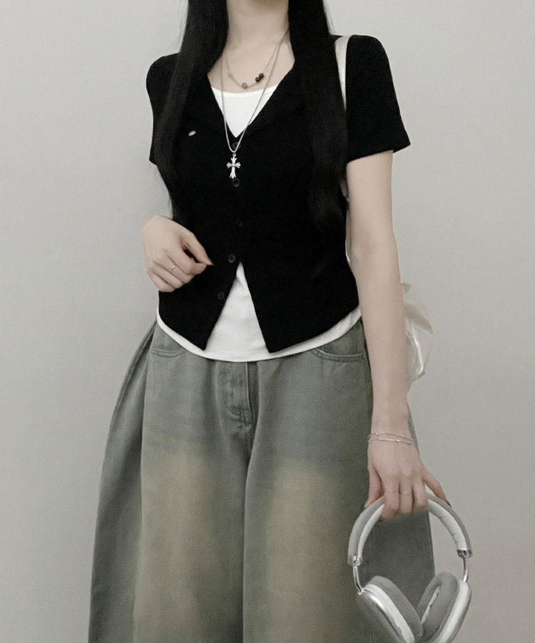 レイヤードシャーリング半袖Tシャツ(5color) BLACK