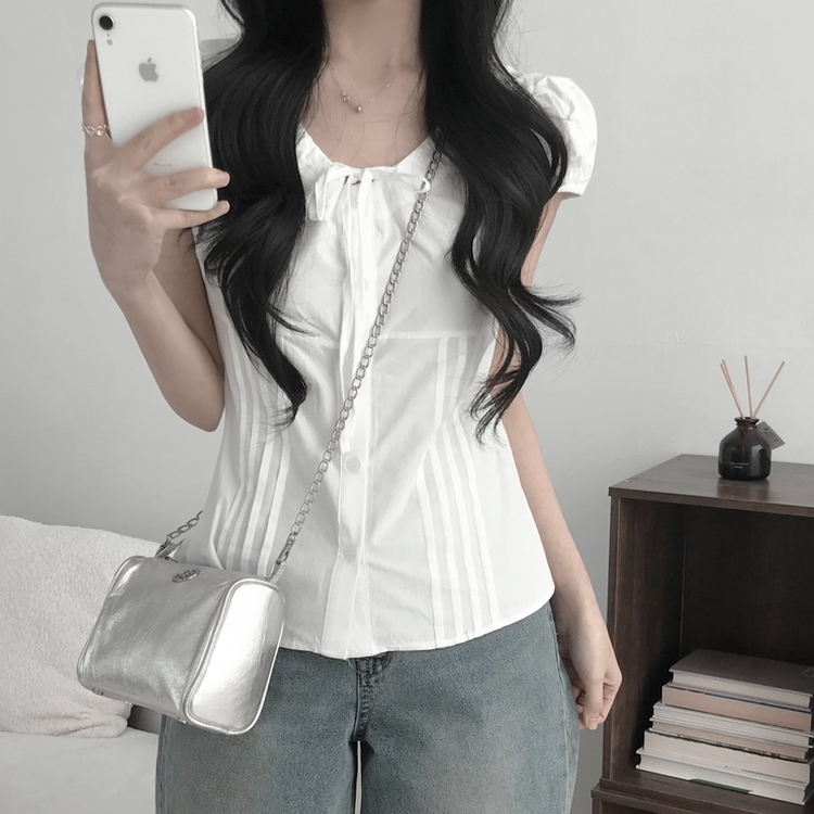 シャーリングパフ半袖ブラウス WHITE