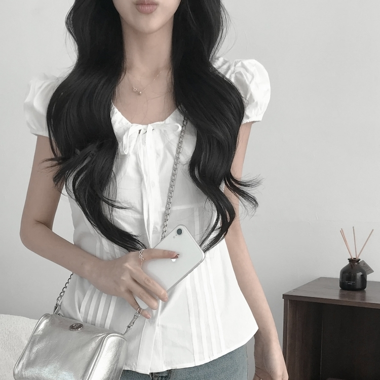 シャーリングパフ半袖ブラウス WHITE