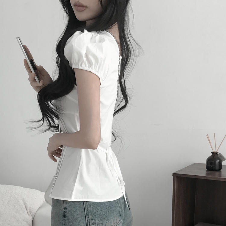 シャーリングパフ半袖ブラウス WHITE