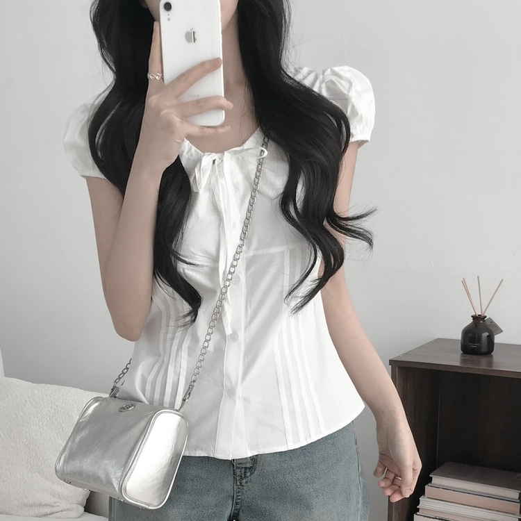 シャーリングパフ半袖ブラウス WHITE