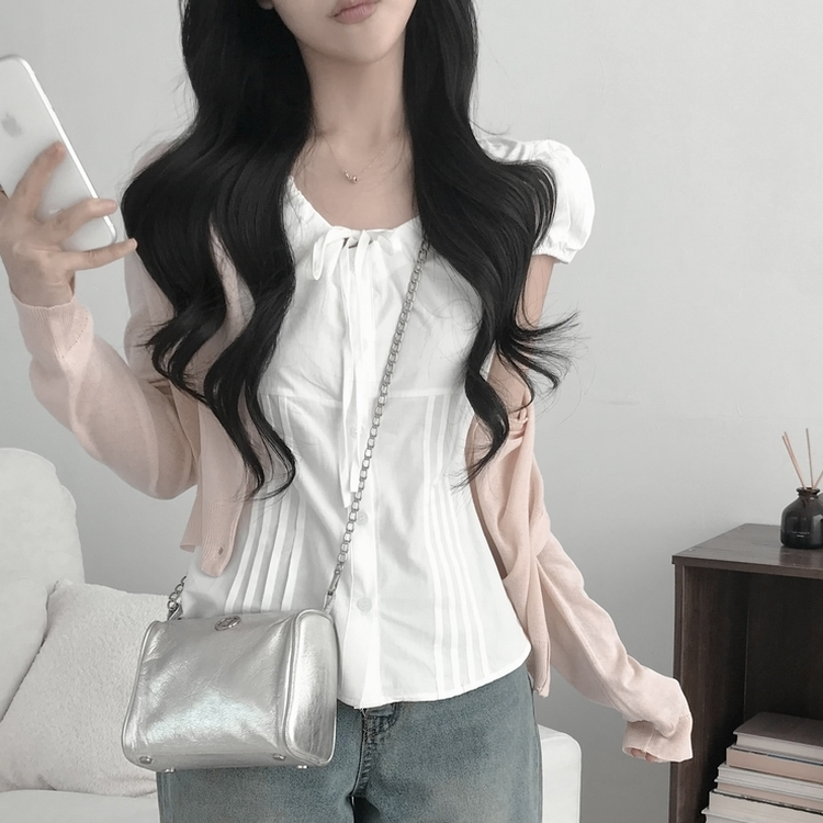 シャーリングパフ半袖ブラウス WHITE