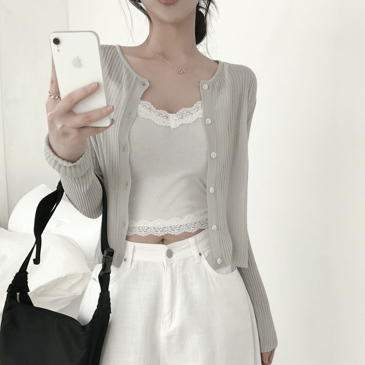 リブラウンドネック長袖ニットカーディガン(5color) GREY