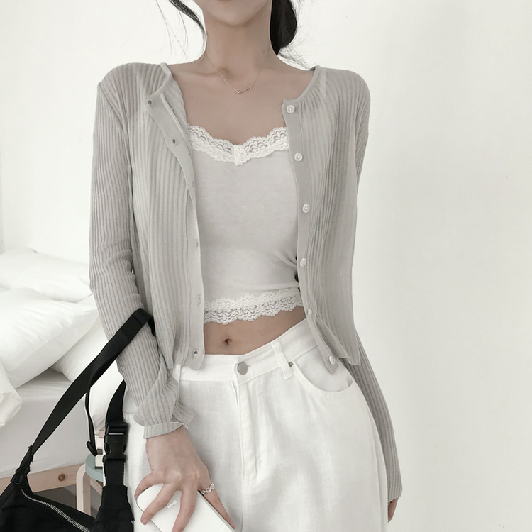 リブラウンドネック長袖ニットカーディガン(5color) GREY