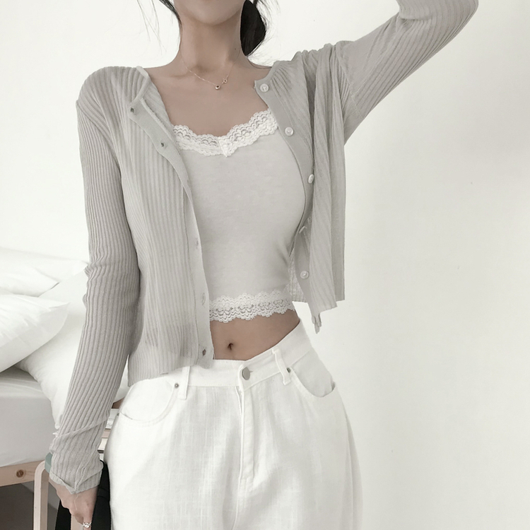 リブラウンドネック長袖ニットカーディガン(5color) GREY