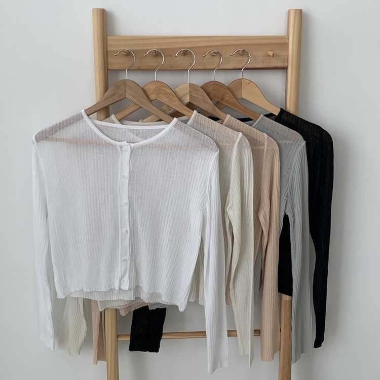 リブラウンドネック長袖ニットカーディガン(5color)