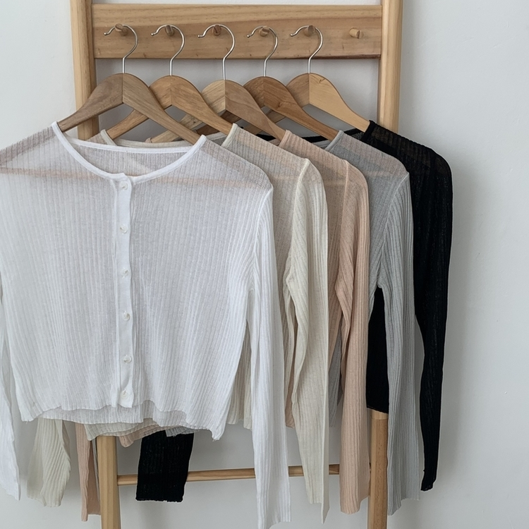 リブラウンドネック長袖ニットカーディガン(5color)