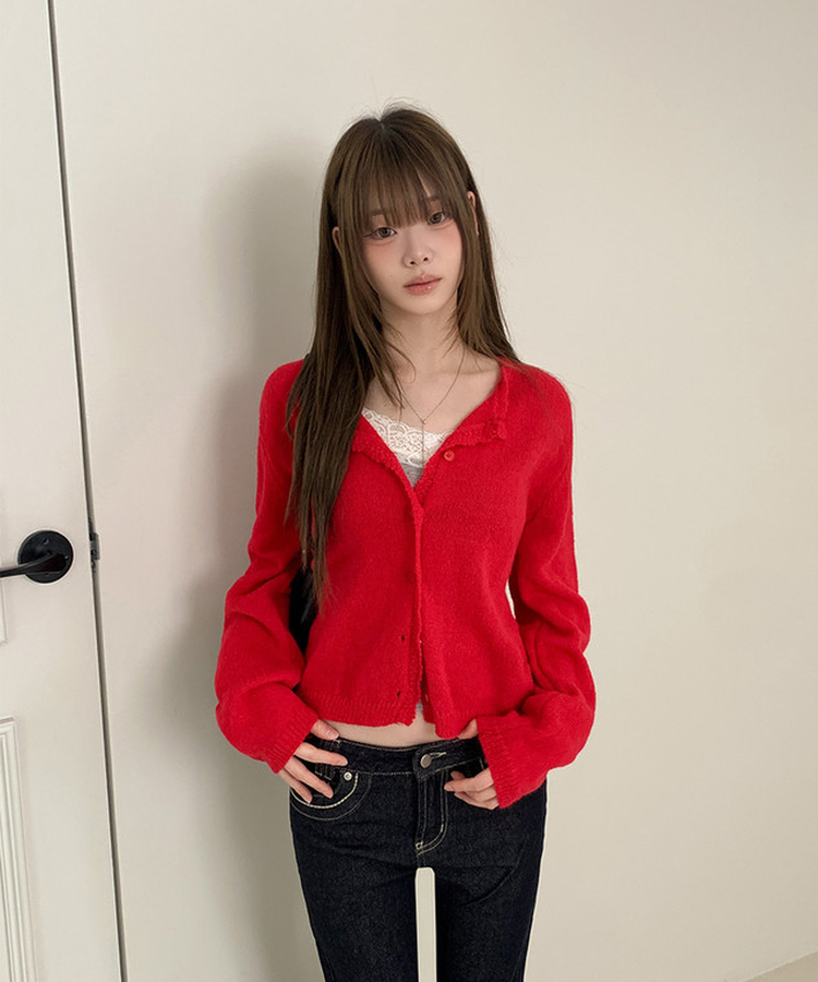 レースクロップニットカーディガン(6color) RED