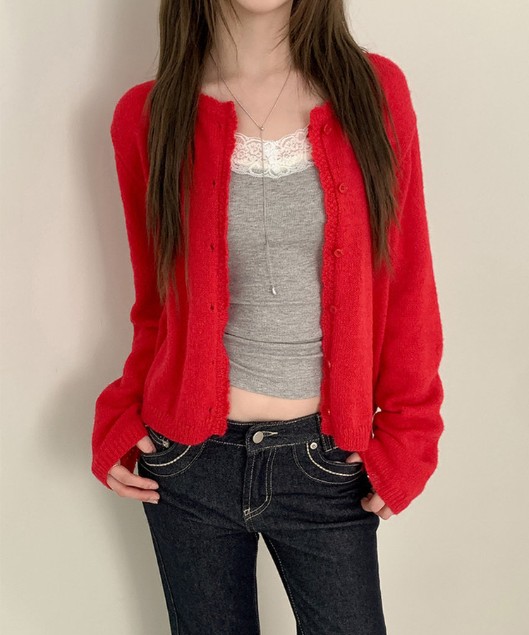 レースクロップニットカーディガン(6color) RED