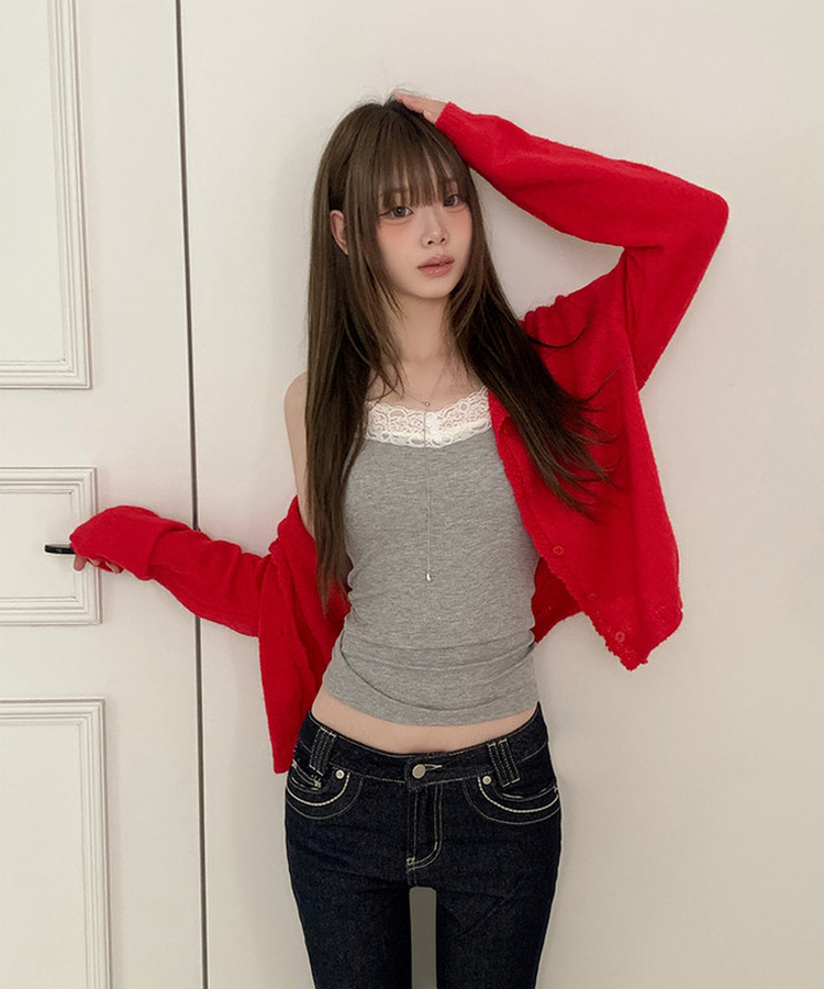レースクロップニットカーディガン(6color) RED