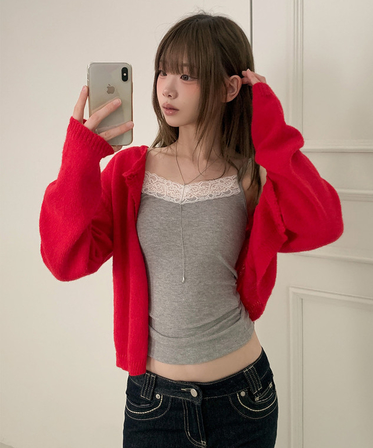 レースクロップニットカーディガン(6color) RED