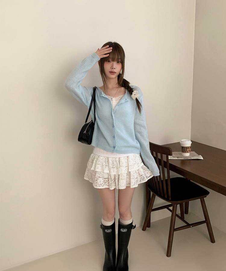 レースクロップニットカーディガン(6color) SKY BLUE