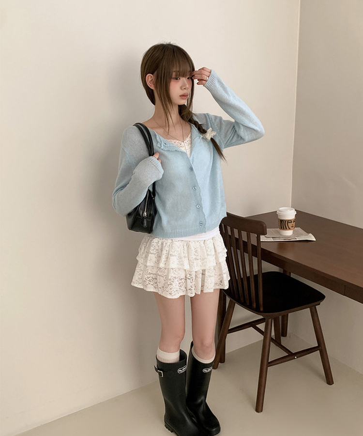 レースクロップニットカーディガン(6color) SKY BLUE