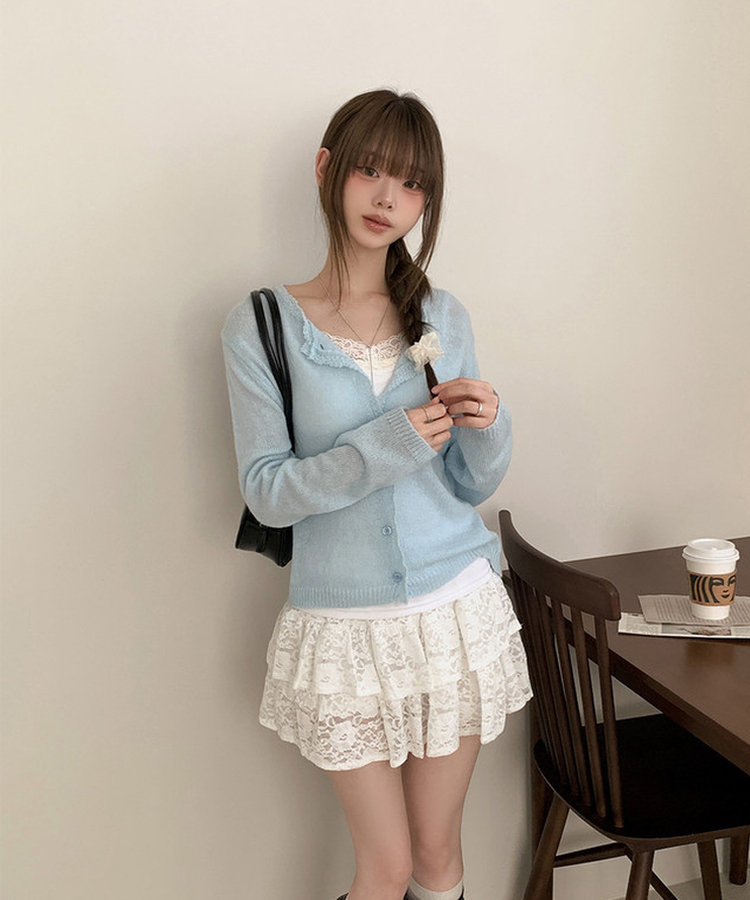 レースクロップニットカーディガン(6color) SKY BLUE