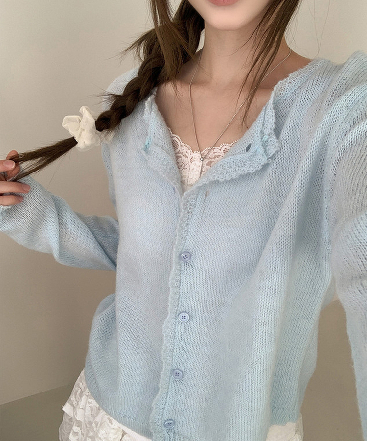 レースクロップニットカーディガン(6color) SKY BLUE