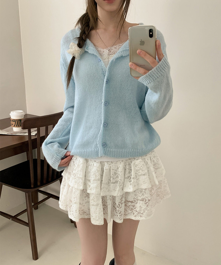 レースクロップニットカーディガン(6color) SKY BLUE