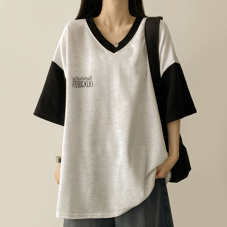 バイカラーVネック半袖Tシャツ WHITE MELANGE