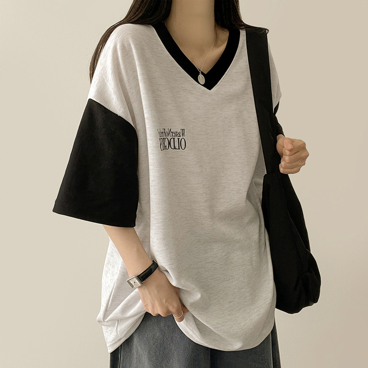 バイカラーVネック半袖Tシャツ WHITE MELANGE