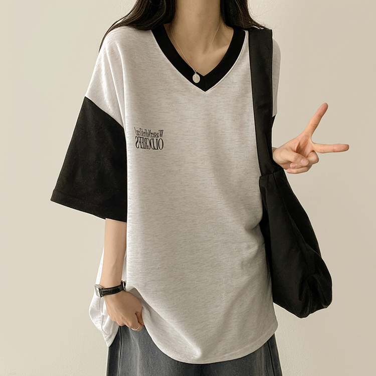 バイカラーVネック半袖Tシャツ WHITE MELANGE