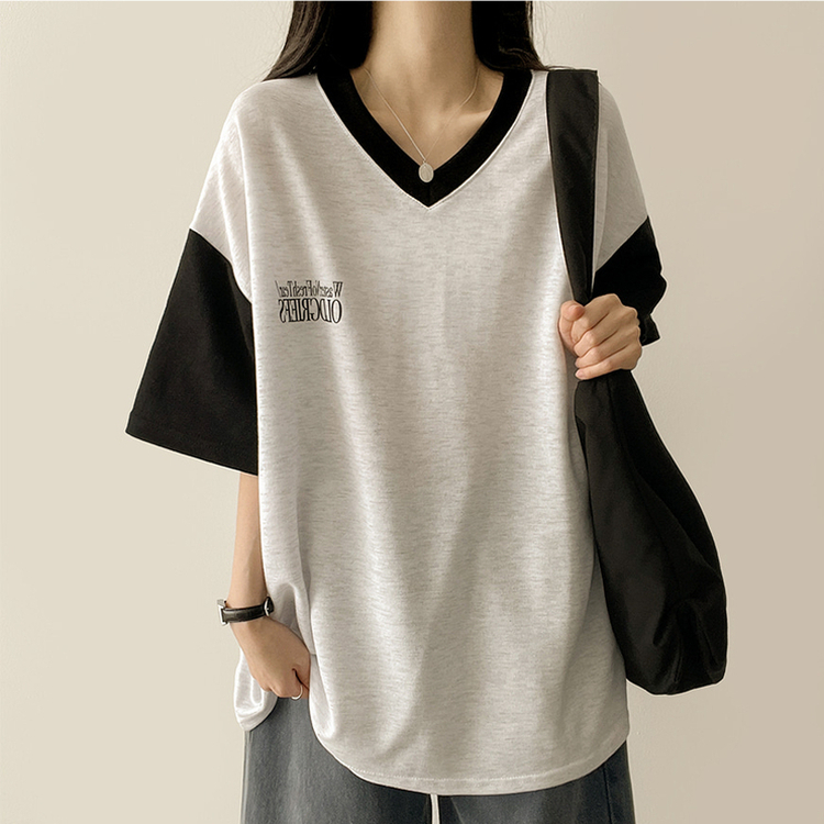 バイカラーVネック半袖Tシャツ WHITE MELANGE