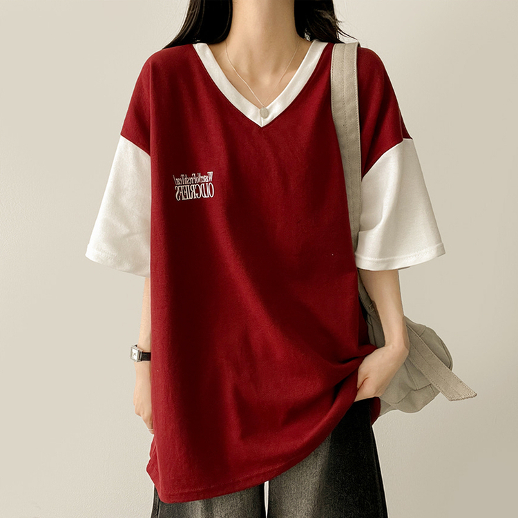 バイカラーVネック半袖Tシャツ WINE