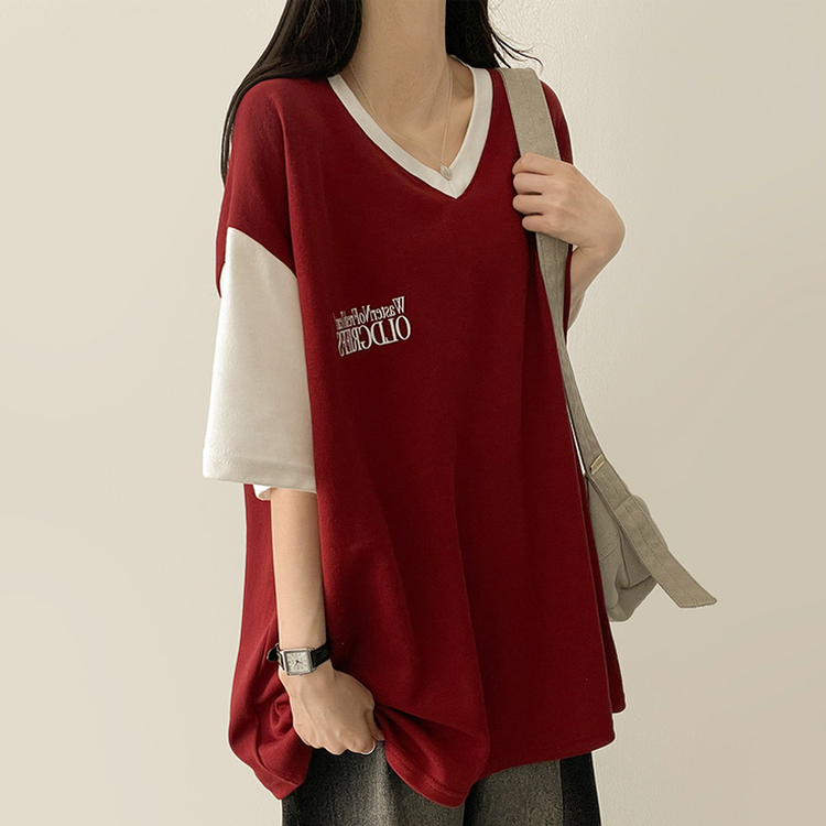 バイカラーVネック半袖Tシャツ WINE
