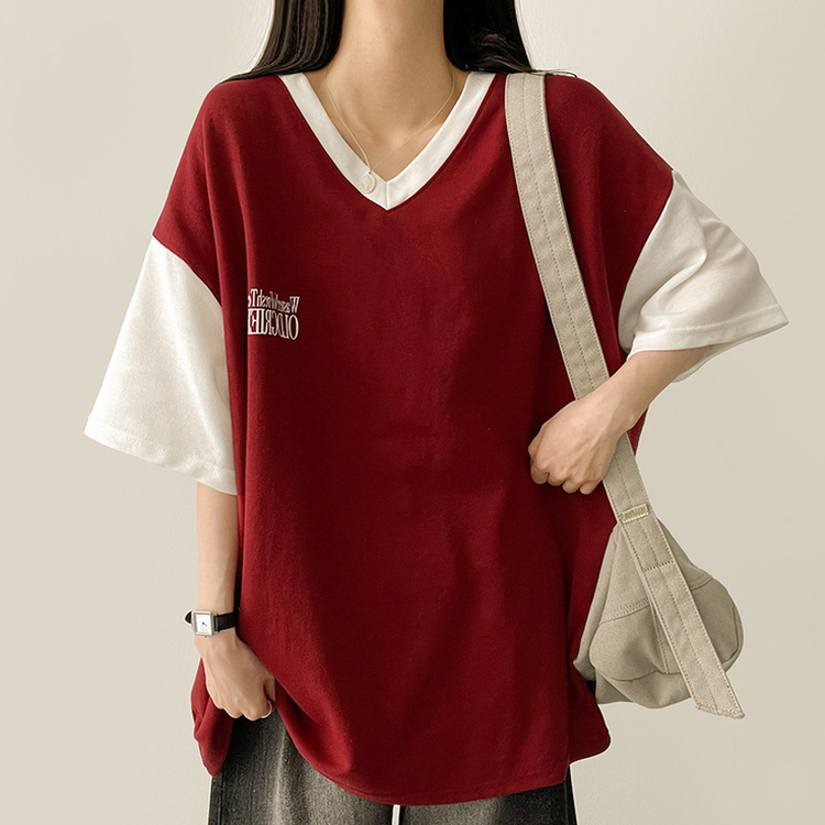 バイカラーVネック半袖Tシャツ WINE