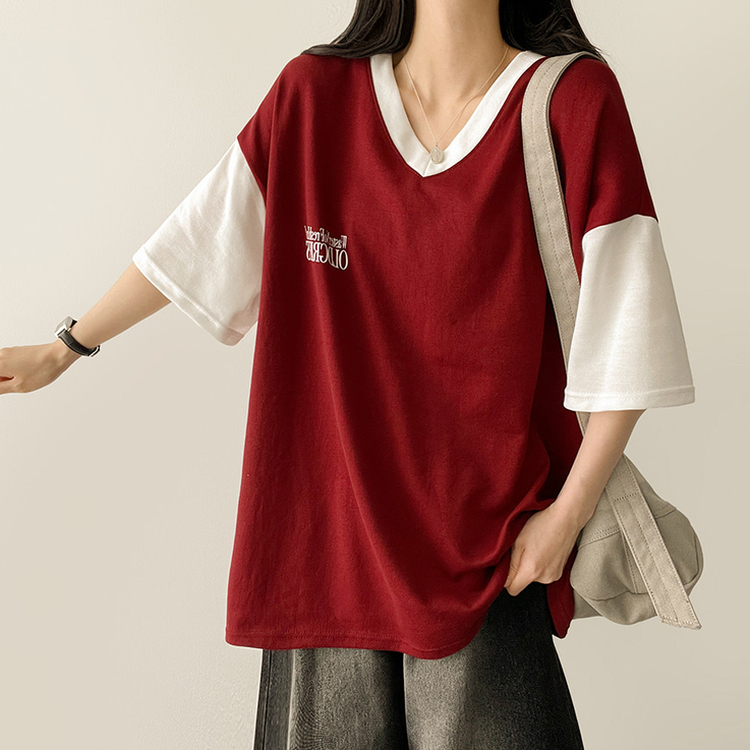 バイカラーVネック半袖Tシャツ WINE