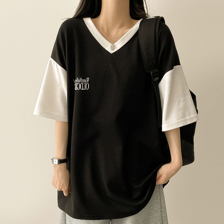 バイカラーVネック半袖Tシャツ BLACK