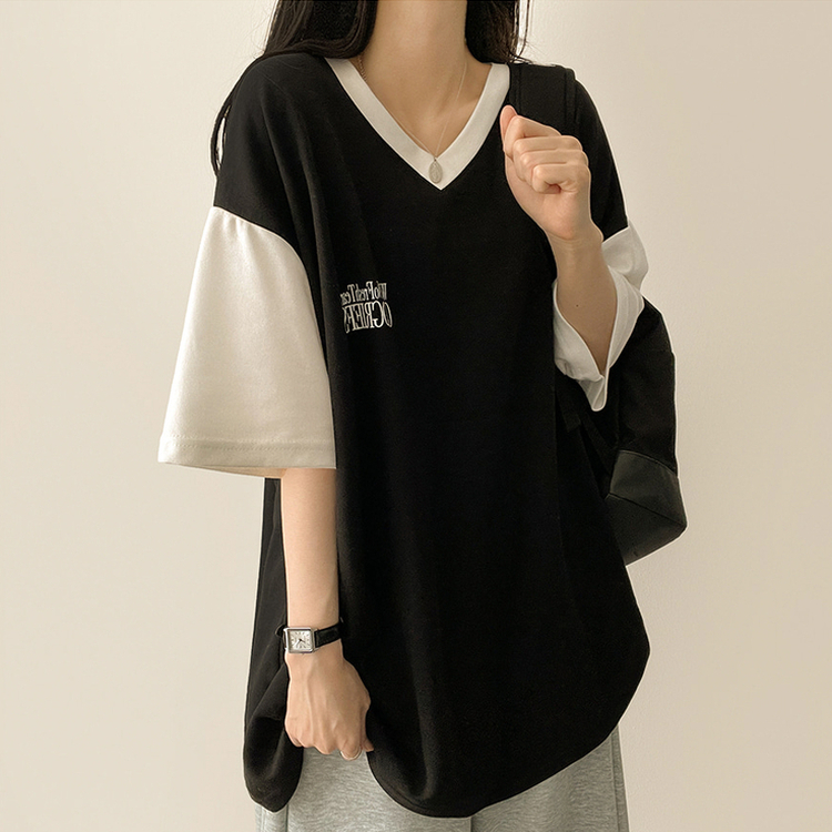 バイカラーVネック半袖Tシャツ BLACK