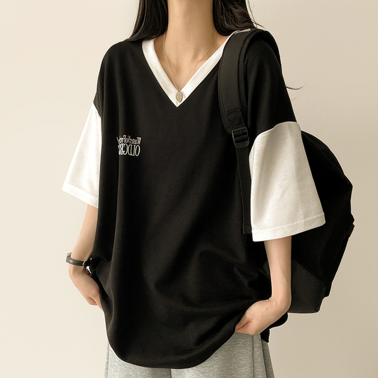 バイカラーVネック半袖Tシャツ BLACK