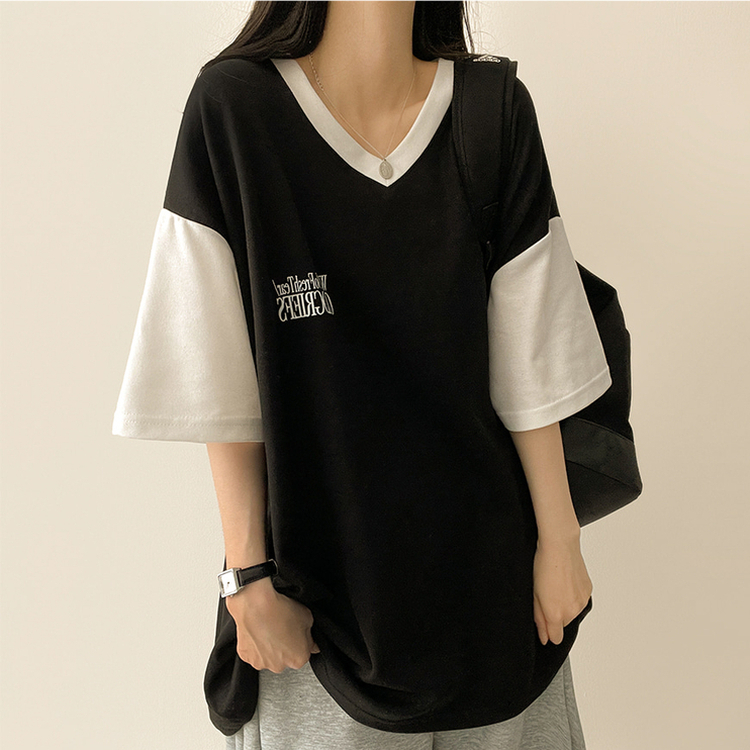 バイカラーVネック半袖Tシャツ BLACK
