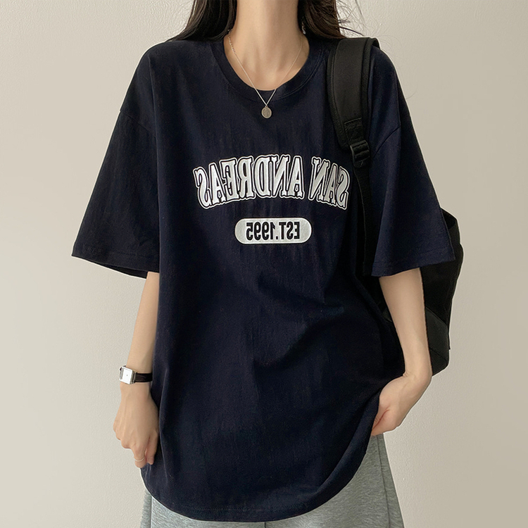 カジュアルレタリング半袖Tシャツ NAVY