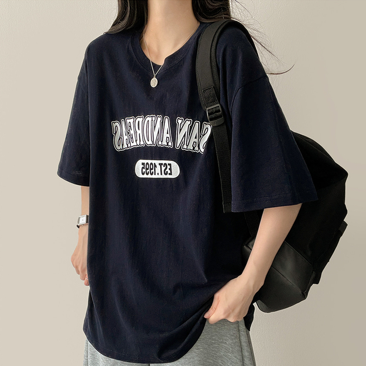 カジュアルレタリング半袖Tシャツ NAVY